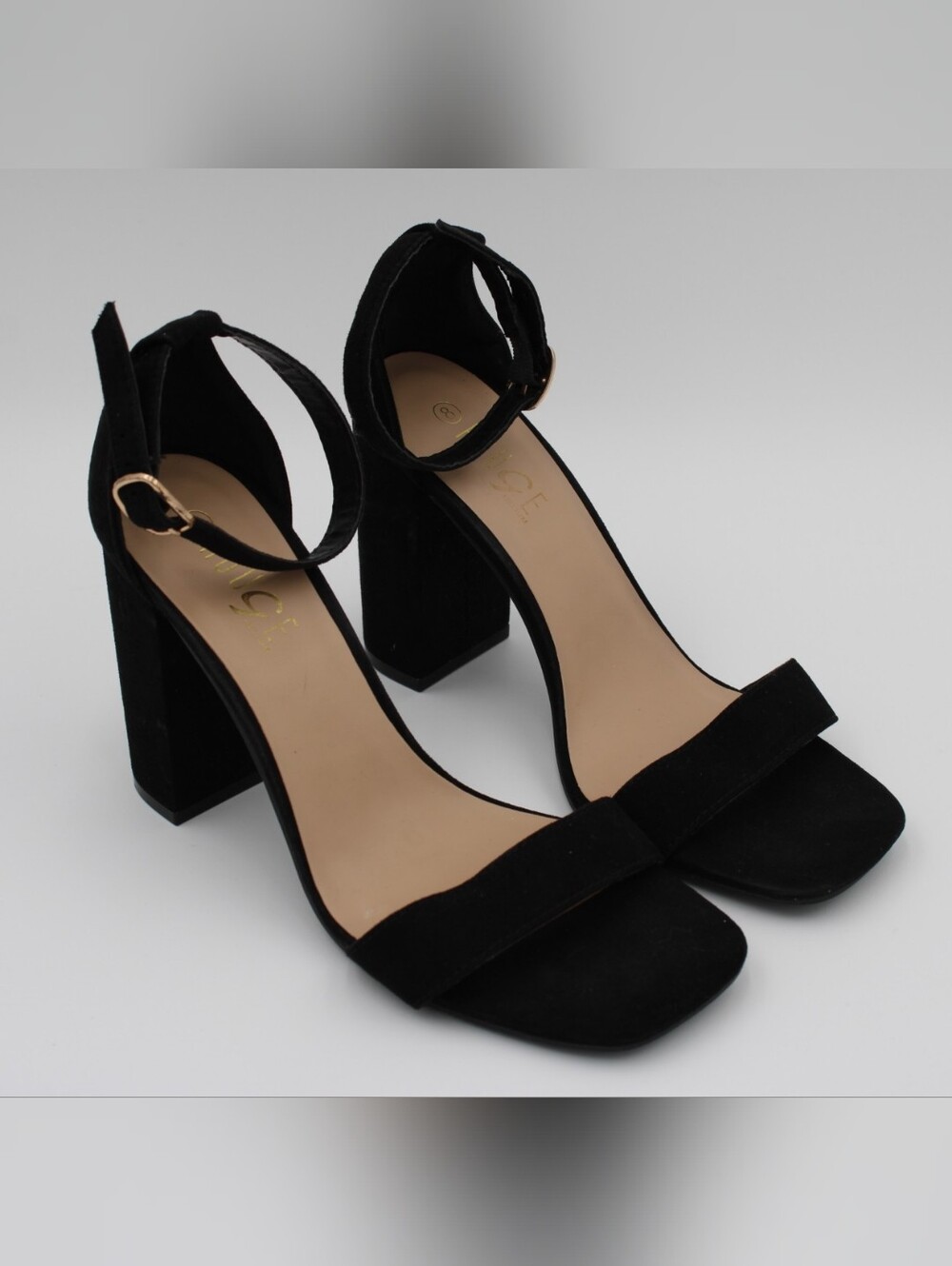 Rouge Black Microsuede Block Heel Sandals Size 8